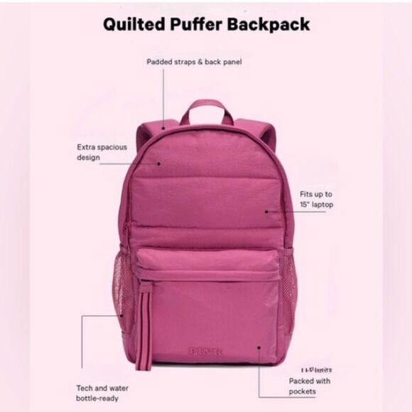 Victoria’s Secret Pink quilted rose my pink Backpack bag travel school NWOT! - Picture 3 of 16